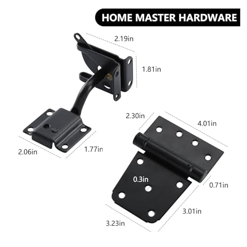 HOME MASTER HARDWARE Self-Closing Gate Kit Black - 3.5 in Spring Tee Hinges 2 Pack + Self-Adjusting Gate Latch 1 Pack