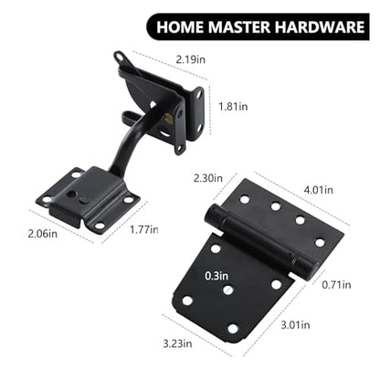 HOME MASTER HARDWARE Self-Closing Gate Kit Black - 3.5 in Spring Tee Hinges 2 Pack + Self-Adjusting Gate Latch 1 Pack