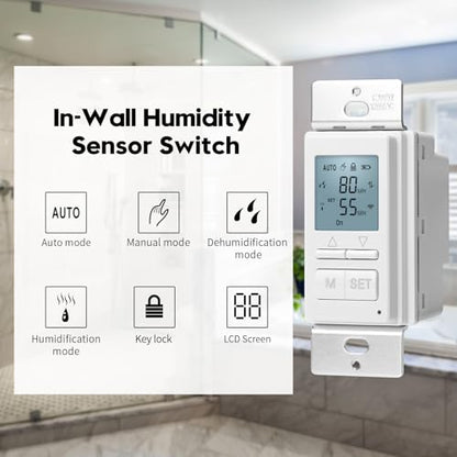 Ortis New 2024! Humidity Sensor Switch, in-Wall Bathroom Fan Automated Control Switch, Separate Sensor for Better Moisture Detection, 328ft Range, 110/220V, Keep Your Room Dry