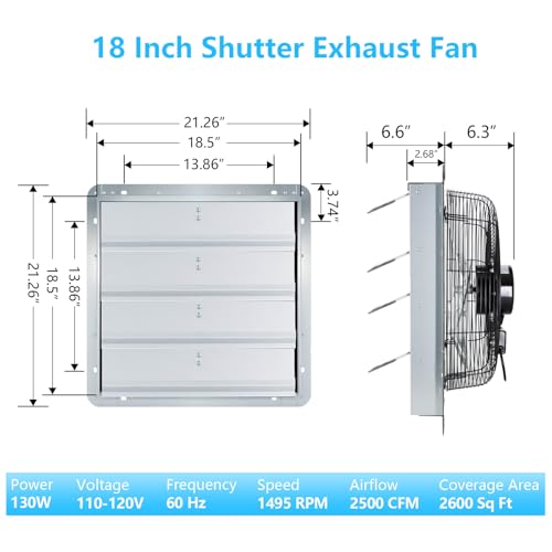 18 inch Shutter Exhaust Fan with Speed & Thermostat Control, 2600 SQ. Ft Coverage Area, 2500 CFM, Upgrade Powerful Wall Mount Attic Vent Fan for Greenhouse, Garage, Chicken Coops Ventilation Fans - size: 18 inch