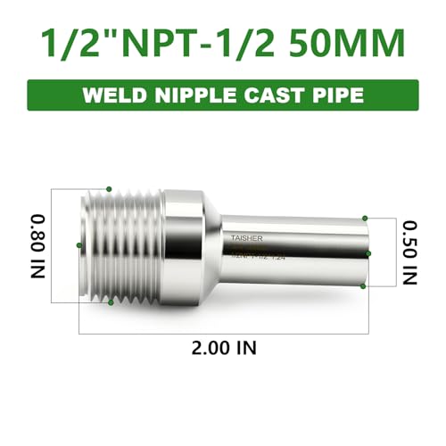TAISHER 5PCS 304 Stainless Steel Pipe Fittings, 1/2" NPT Male Threaded, 2" Length Weld Nipple Cast Pipe - size: 1/2" NPT x 1/2" OD(2" Length)