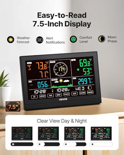 VEVOR 5-in-1 Wireless Weather Station, 7.5-Inch VA Display, Solar Powered Outdoor Sensor, Rain Gauge, Indoor Outdoor for Weather Forecast, Temperature, Humidity, Wind Speed and Direction (No WiFi) - style: 5-in-1 Wireless Weather Station