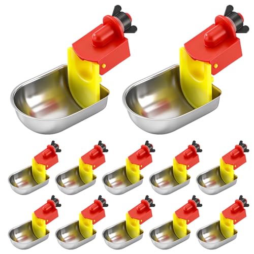 12 Pcs Automatic Chicken Water Cups, Stainless Steel Poultry Drinker Bowls, Self-Filling Waterer for Ducks, Rabbits, Geese & Quails, Fits 5 Gallon Bucket and PVC Pipe Poultry Watering System