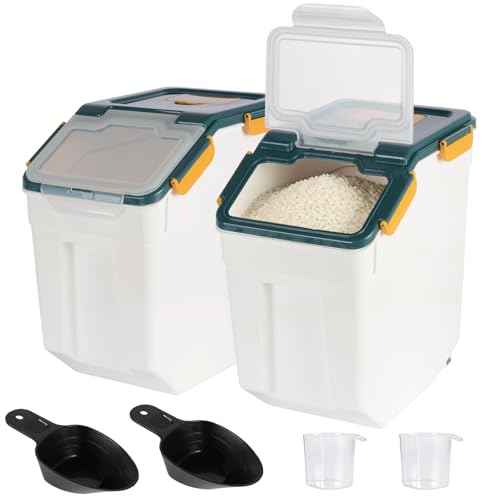 Rice Storage Container 25 lbs, Blue, 2 Pack | Airtight, with Wheels, Locking Lid, Measuring Cup Included, for Flour Sugar Grain Cereal - color: Blue, size: 25lbs