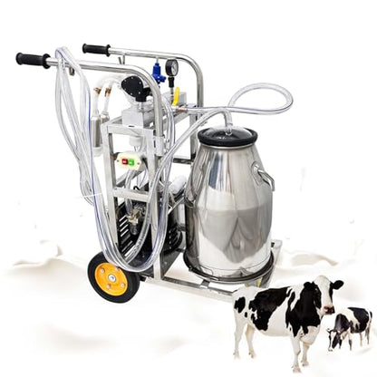 25L Electric Cow Goat Milking Machine Portable Oil-Free Vacuum Pump Milker 1440 RPM Suction Pump with 304 Stainless Steel Bucket and Regulator Farm Supply