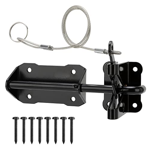 HILLMASTER Heavy Duty Automatic Gate Latch for Wooden Fence with Cable Pull, 7.5" Self Locking Gravity Gate Door Latches Security Latch for Outdoor Garden, Pool, Metal Gates, Vinyl Fence, Black Finish
