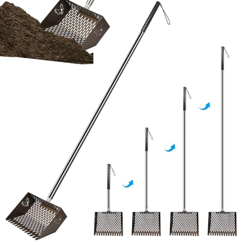 Kalekey Heavy Duty Chicken Coop Rake and Scoop, 15 Inch Extra Large Chicken Coop Rake with Adjustable Stainless Steel Handle (25 to 73 Inch)，Metal Multi-Use Cleaning Shovel for Coops, Beach（Brown） - color: Brown