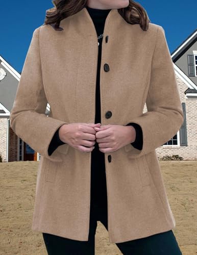 LIZALIG Women's Stand Collar Pea Coat Winter Long Sleeve Wool Blend Short Jackets Single Breasted Blazer Coat Outwear - color: Khaki, size: Small