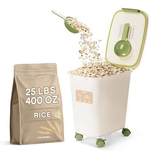 LivLab Mker Rice Dispenser - 25Lbs 400oz Airtight food storage container with lids,cereal flour storage Container,With Measuring spoon and wheels, large flour bin rice organizer bucket (12L)