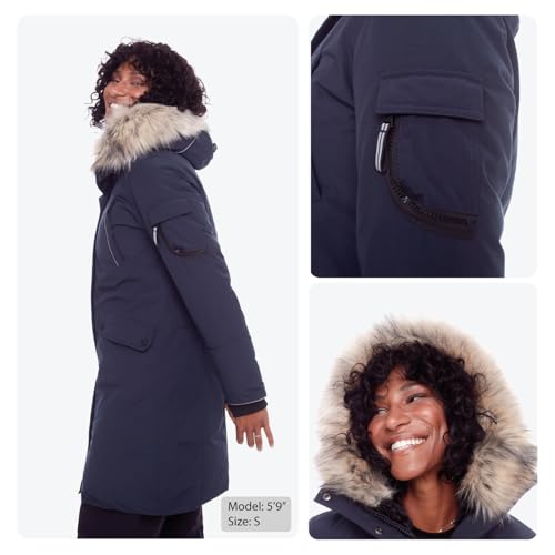 ALPINE NORTH Laurentian Women’s Vegan Down Long Parka Jacket with Faux Fur Hood - color: Navy, size: Small, style: Standard Size