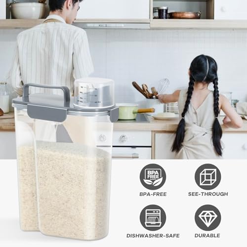 TBMAXS Rice Storage Container 10 Lbs, Airtight Food Dispenser with Large Spout and Cup for Pet Dog Cat Food Storage 7 Lbs - color: Grey-10L