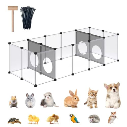 DINMO Rabbit Playpen, Guinea Pig Cages, Hamster Cages, Interesting Game Holes Design for Small Animal, Bunny, Ferret, Hedgehog, DIY, Expanded, Portable, Exercise Fence, 61.4 x 25.4 x 16.4 inches - style: Plastic-18 panels