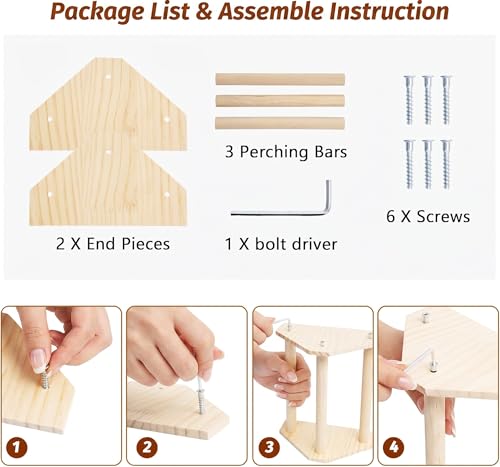 Wood Chicken Perch,Strong Pine Wooden Chick Training Perch with 3 Roosting Bar,Gym Perch Toys for Baby Chicks & Parrots,Easy to Assemble