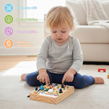 Sanlebi LED Busy Board for Toddlers 1-3,Montessori Toy with Key Switch, Light Up Wood Activity Sensory Board for Fine Motor Skills, Educational Travel Toy Gift for 1 2 3 Year Old Boys Girl