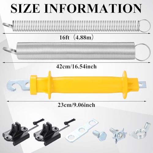 2 Set Electric Fence Gate Kit Contains 16 Feet Long Compressed Spring Black Insulators and Other Fasteners Wooden Post Electric Fence Handle Set with Anchors for Pasture Garden