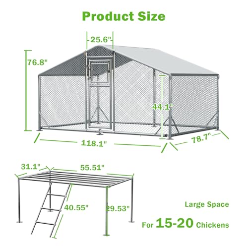 10x6.5FT Metal Chicken Coop, Dutch Door Chicken Run with Chicken Perch, Cover and Chicken Wire, Walk in Duck Pen for Backyard Poultry and Pet Farming - size: 78.7"L x 118.1"W x 76.8"H