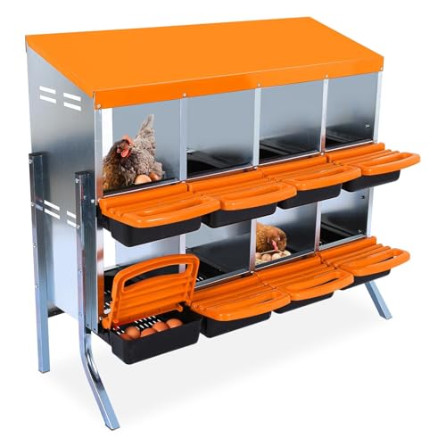 GarveeHome 2-Tier Chicken Nesting Box, 8 Compartment Metal Chicken Laying Boxes with Waterproof Roof ＆ Removable Trays for Hens, Poultry，Easy Egg Collection - color: Orange, size: 8 holes with legs