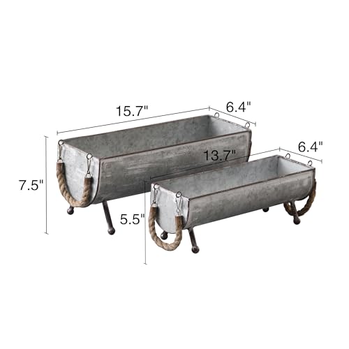 SOFE Poultry Feeder Galvanized Metal Chicken Feeder Set of 2, Farmhouse Chicken Picnic Table Feeder, Chicken Planter, Decorative Galvanized Tray Trough Shaped, 15 and 13 Inches Long