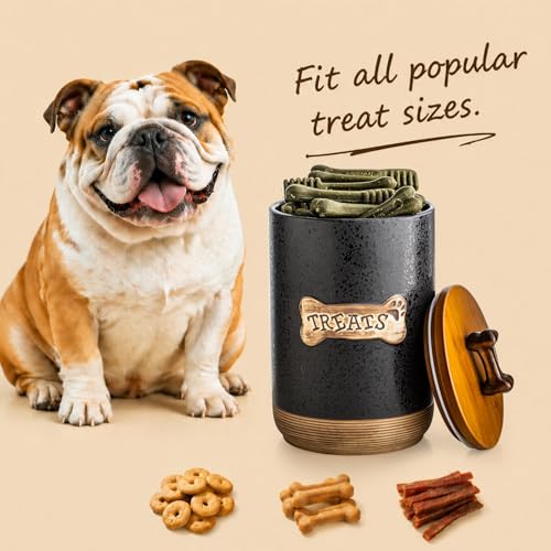 Miamolo Dog Treat Container Jar, Ceramic Airtight Dog Food Storage Container with Lid and Handle, Dog Treats Cookie Snack Jar Canister for Kitchen Counter, Gift for Dog Owners, Bone Glinting Black - color: Bone Glinting Black