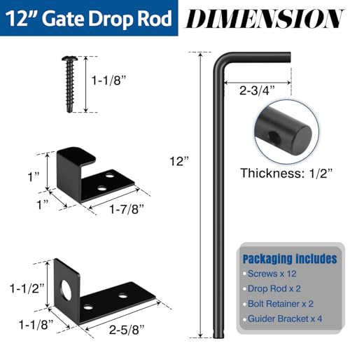 Heavy Duty Cane Bolt Gate Drop Rod, 12" Black Gate Latches Hardware for Wood Fence/Metal/Vinyl/Double Gates, Outdoor Gate Ground Latch Drop Rod with Mounting Screws, 2 Pack - size: 12 Inch