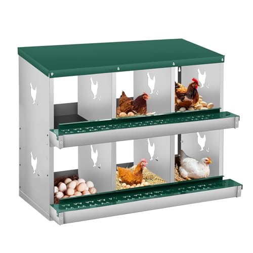 6 Compartment Chicken Nest, Stainless Steel Laying Boxes for Hens with 4 Dummy Eggs and 10 Dampproof Pets Mats, Wall Mounted or Free Standing Chicken Boxes, Roll Out Design, Green - color: Green, size: 6-Room