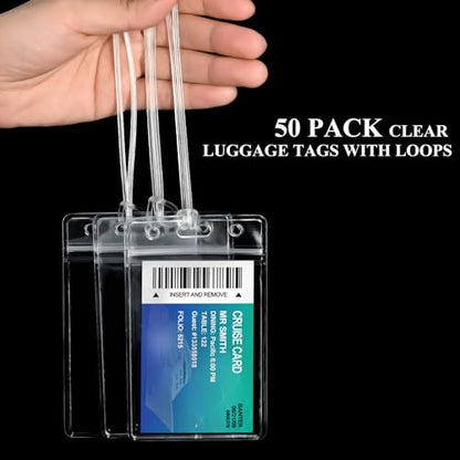 50 Pack Clear Plastic Luggage Bag Tag Holder Badge Label Tag Holder with 50 Pack Luggage Loops Straps for Office Business Travel Supplies