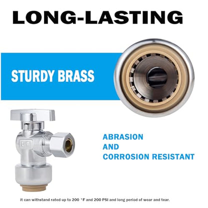 Angle Stop Valve, PushFit Angle Stop Valve,Angle Water Shut Off Valve 1/2 x 3/8 Inch Compression, Toilet Water Valve, 1/4 Turn, No Lead Brass Push to Connect Plumbing Fitting（2PCS） - size: 2 Pack 1/2" x 3/8" Compression