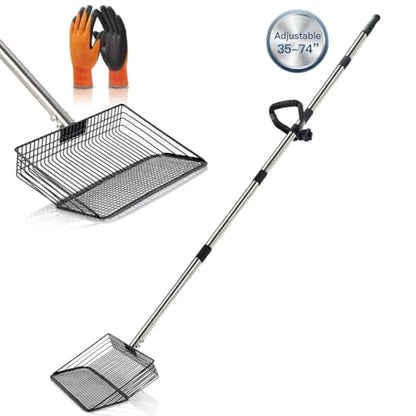 Extra-Long Chicken Poop Scooper, Adjustable 35"–74" Handle, 10" Wide Scoop | Adjustable Handle, Heavy-Duty Stainless Steel, Multi-Purpose for Coop, Yard & Pond Leaves, Gloves Included