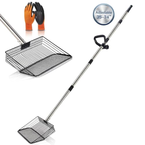 Extra-Long Chicken Poop Scooper, Adjustable 35"–74" Handle, 10" Wide Scoop | Adjustable Handle, Heavy-Duty Stainless Steel, Multi-Purpose for Coop, Yard & Pond Leaves, Gloves Included