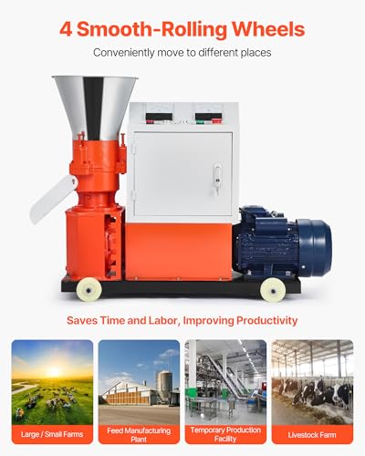 VEVOR Feed Pellet Mill Machine, 6 mm Animal Feed Pellet Making Machine, 3KW 240V Animal Food Granulator Mill Machines with 3 Pressure Rollers & 4 Wheels, Ideal for Poultry, Livestock, Farm Animals - size: 6mm (0.24") grinding disc