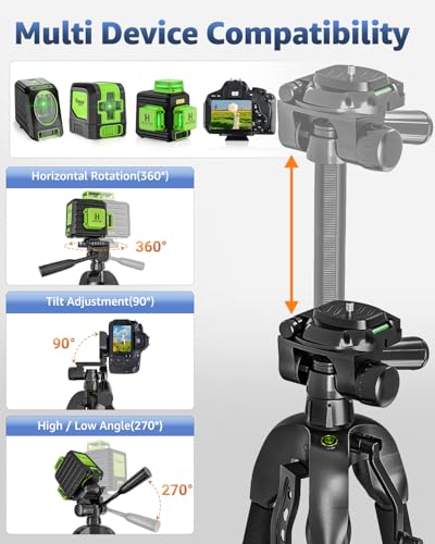 Laser Level Tripod, Huepar 56” Extendable Height Tripod for Line Lasers, Point Lasers, Laser Distance Measures, 1/4" and 5/8" Thread Mount, Multi-Function Hook, Non-Skid Feet, TPD14 - size: 56 inch