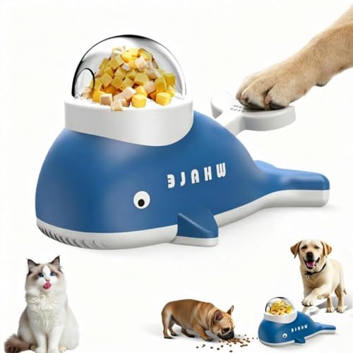 Interactive Dog Treat Dispenser Toy, Whale Shape Puzzle Feeder with Press Button and Rotating Design, White and Blue, Slow Feeding Game for Dogs and Cats