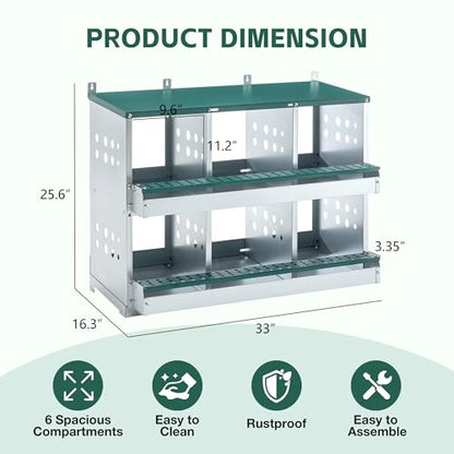 6 Compartments Chicken Egg Nesting Box, Roller Design, Green Metal, 33x16.3x25.6 inches, Wall Mounted, Easy Clean Rust Free Chicken House Egg Box