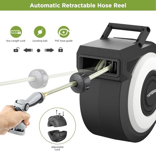 Tuyeho Retractable Garden Hose Reel 100FT, Wall Mount Heavy Duty Water Hose Reels with Automatic Slow Rewind System, Outdoor Hoses Reel with 2 Hose Nozzles for Garden Watering, Car Wash, Pet Shower - size: 1/2" 100FT