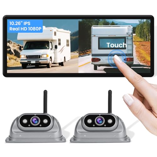 Wireless Backup Cameras System with 10.26"Pre-Wired for Furrion System 1080P HD IPS Touch Screen-No Delay,IP69K Waterproof,Super Night,Wide Split Screen 2-Channel for Reversing RV,Trailer,Camper,Truck
