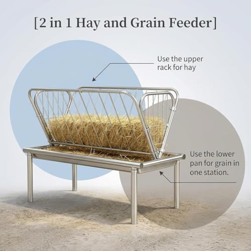 Galvanized Steel Hay Feeder, 2 in 1 Outdoor Livestock Feeder with Extra Wide Feed Pan, Durable Pasture Feeder for Goats Sheep Horses Calves Cows Ponies