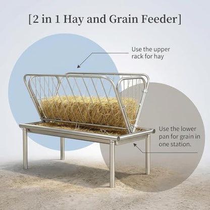 Galvanized Steel Hay Feeder, 2 in 1 Outdoor Livestock Feeder with Extra Wide Feed Pan, Durable Pasture Feeder for Goats Sheep Horses Calves Cows Ponies