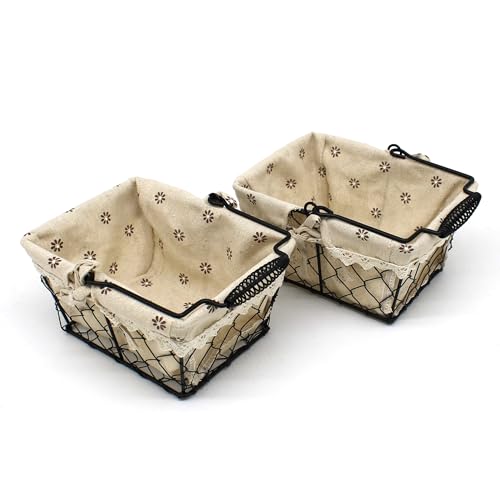 CVHOMEDECO. Primitives Country Chicken Wire Small Gift Baskets Gathering Baskets with Swing Handle and Fabric Liner. Set of 2 (Rectangular)