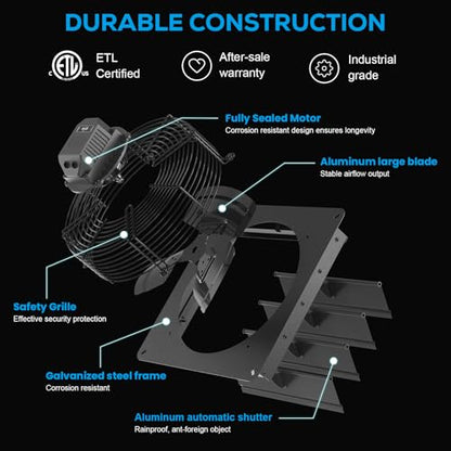 12 Inch Shutter Exhaust Fan, 1226 CFM Wall Mounted Attic Fan with Temperature Humidity Controller, Automatic Shutter, Ventilation and Cooling for Greenhouse, Garage, Studios, Workshops - size: 12 Inch