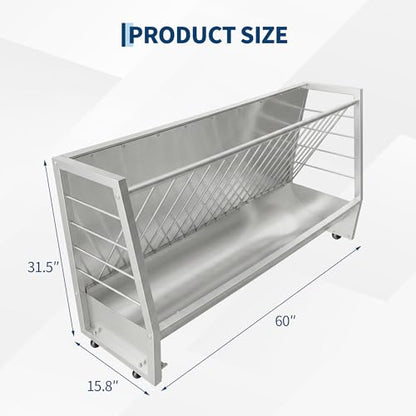 Garvee 5 ft Pasture Hay Feeder, Heavy Duty Galvanized Steel 2-in-1 Hay & Grain Feeder, 60 Gallon Large Capacity, Outdoor Livestock Feeder for Goats, Sheep, Pony & Miniature Horses