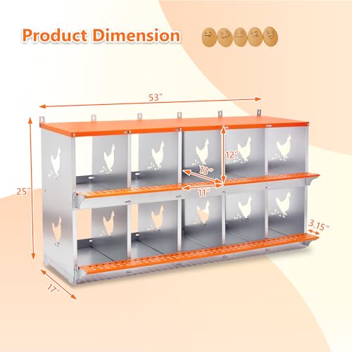 Galvanized Steel Chicken Nesting Box 10 Bay Wall Mounted Predator Proof for Hens and Ducks Easy Egg Collection Vented Design Easy Assemble Orange Coop Equipment (10 Compartment) - size: 53.0"L x 17.0"W x 25.0"H