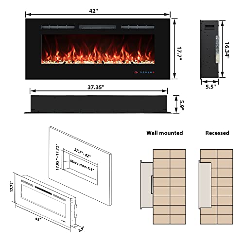 42" Electric Fireplaces Inserts, Recessed & Wall-Mounted Fireplace Heater with Thermostat, Multicolor Flames,Timer, Log & Crystal, 750/1500W - size: 42 inch