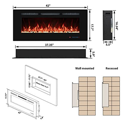 42" Electric Fireplaces Inserts, Recessed & Wall-Mounted Fireplace Heater with Thermostat, Multicolor Flames,Timer, Log & Crystal, 750/1500W - size: 42 inch