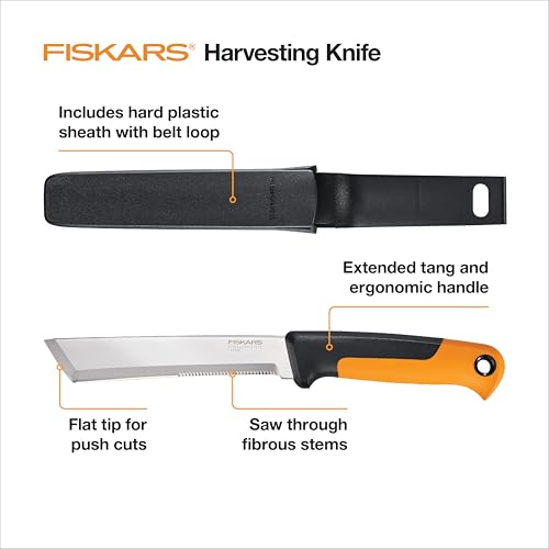 Fiskars Harvesting Knife for Produce, 6" Blade, Serrated Edge Hand Tool Perfect for Vegetables, Extended Tang Design, Garden Harvesting & Food Prep Knife, Sheath Included, Gardening Gifts for Women - style: Harvesting Knife