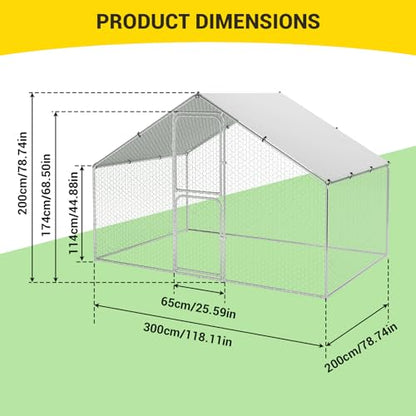 Walk in Chicken Run Cage Coop, Galvanised Steel En Poultry House Dog Pen House Cage Rabbit Hutch Pet Playpen Garden with Waterproof Cover for Backyards, Farms - size: 9.8'Wx6.5'Dx6.5'H