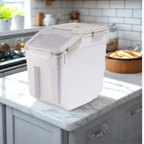2 Pack Rice Storage Container 25 lbs, Airtight Flour Storage Containers with Lid and Wheels, Measuring Cup & Scoop, BPA Free, Bulk Food Dispenser for Sugar, Grain, Cereal - Pet Food Bin (Grey) - color: 2Pcs 25LB Grey
