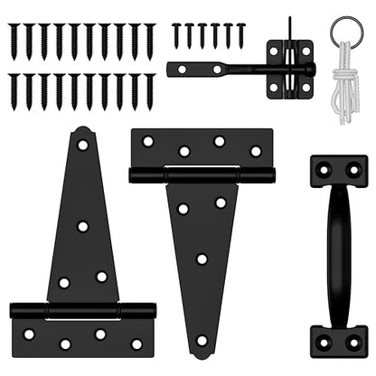 Fence Gate Hardware Kit, Heavy Duty Gate Kit for Wooden Fence with Self Locking Gate Latch, 6in T-Strap Gate Hinges, Door Pull Handle, Gate Hinges and Latch Set for Wooden Vinyl Fence