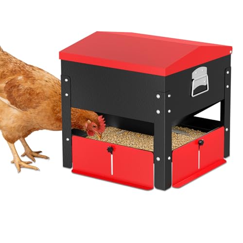 80lb Automatic Metal Chicken Feeder,Heavy Duty Portable Gravity Chicken Feeder Box with Weatherproof Lid, No Waste Predator-Proof Poultry Feeder with Lockable Access Door for Ducks, Geese - color: Red
