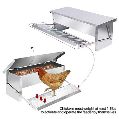 Automatic Chicken Feeder 5L Treadle Galvanized Steel Poultry Feeders Self-Opening Automatic Food, with Weatherproof Lid Rain Cover for Roosters Pheasant Chicken Outdoor Coop