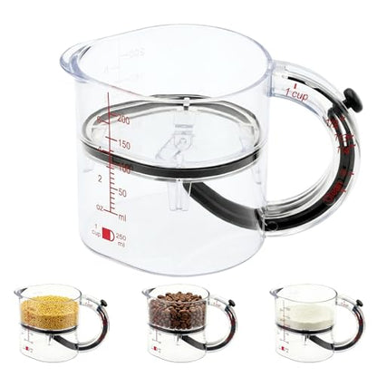 Adjustable 4-in-1 measuring cup with double scale (ml/oz) push bottom design, used as a multi in 1 measuring tool for baking and cooking